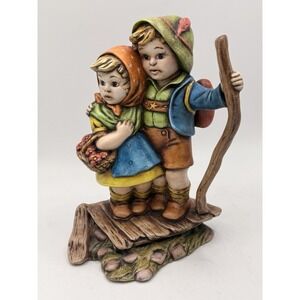 Vtg Provincial Children Figurine Boy & Girl Hiking Basket Backpack Signed SRB